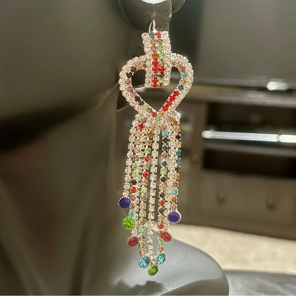 Elegant Big Heart Rainbow Stone Crystal Earrings Womens Long Tassel Jewelry